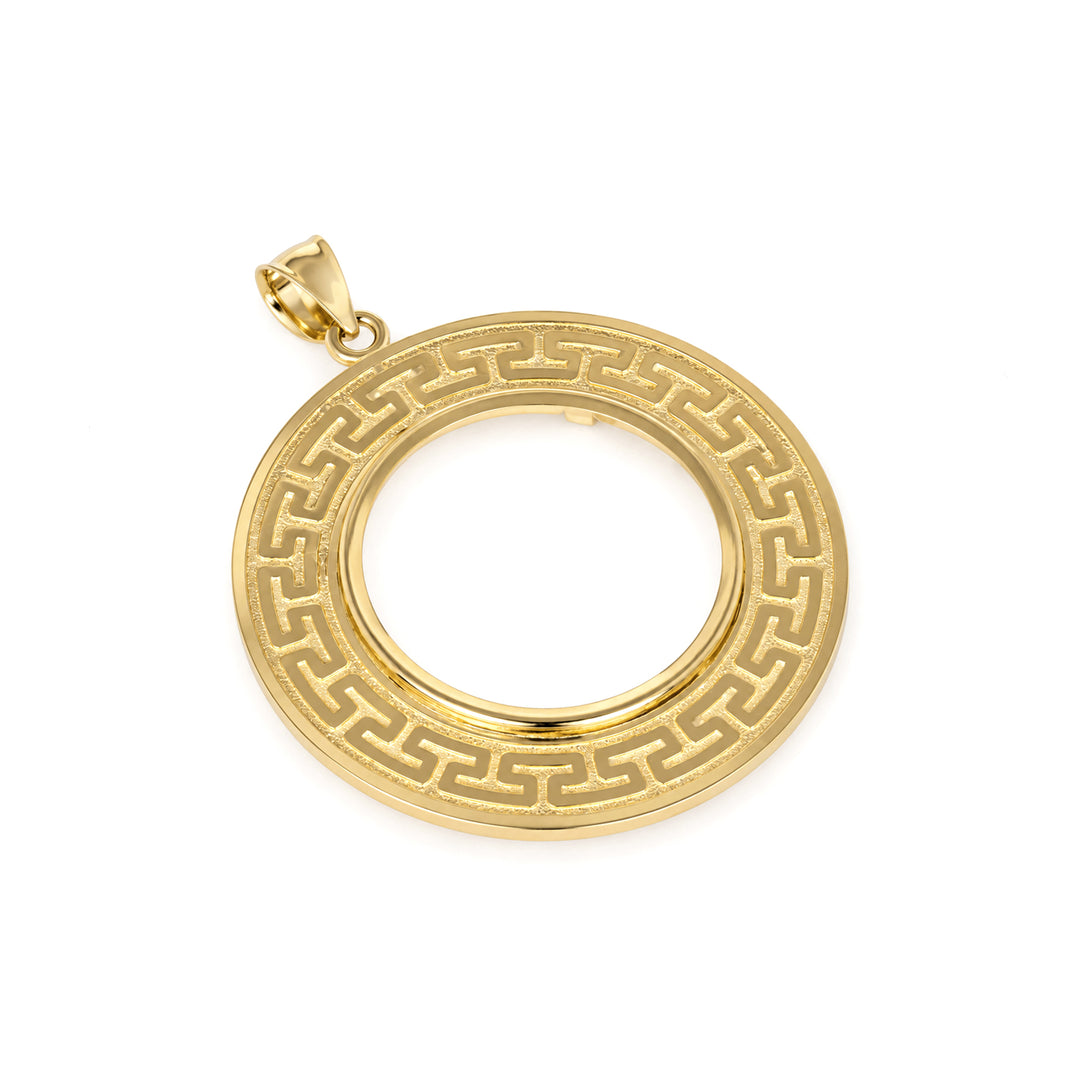 14K gold Greek key coin bezel, angle view 1 #size_uscjfg0011-27-5-x-2-0-mm