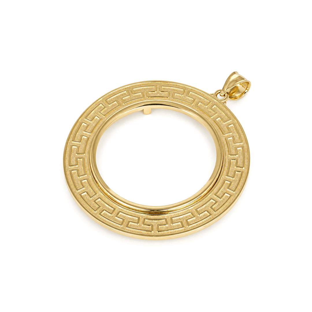 14K gold Greek key coin bezel, angle view 2 #size_uscjfg0012-29-x-2-0-mm