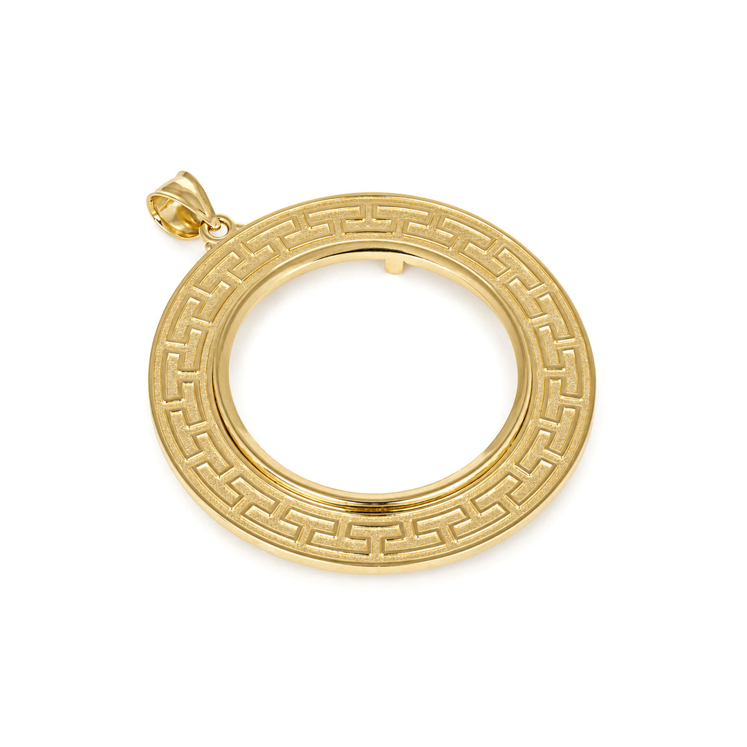 14K gold Greek key coin bezel, angle view 1 #size_uscjfg0013-30-x-2-9-mm