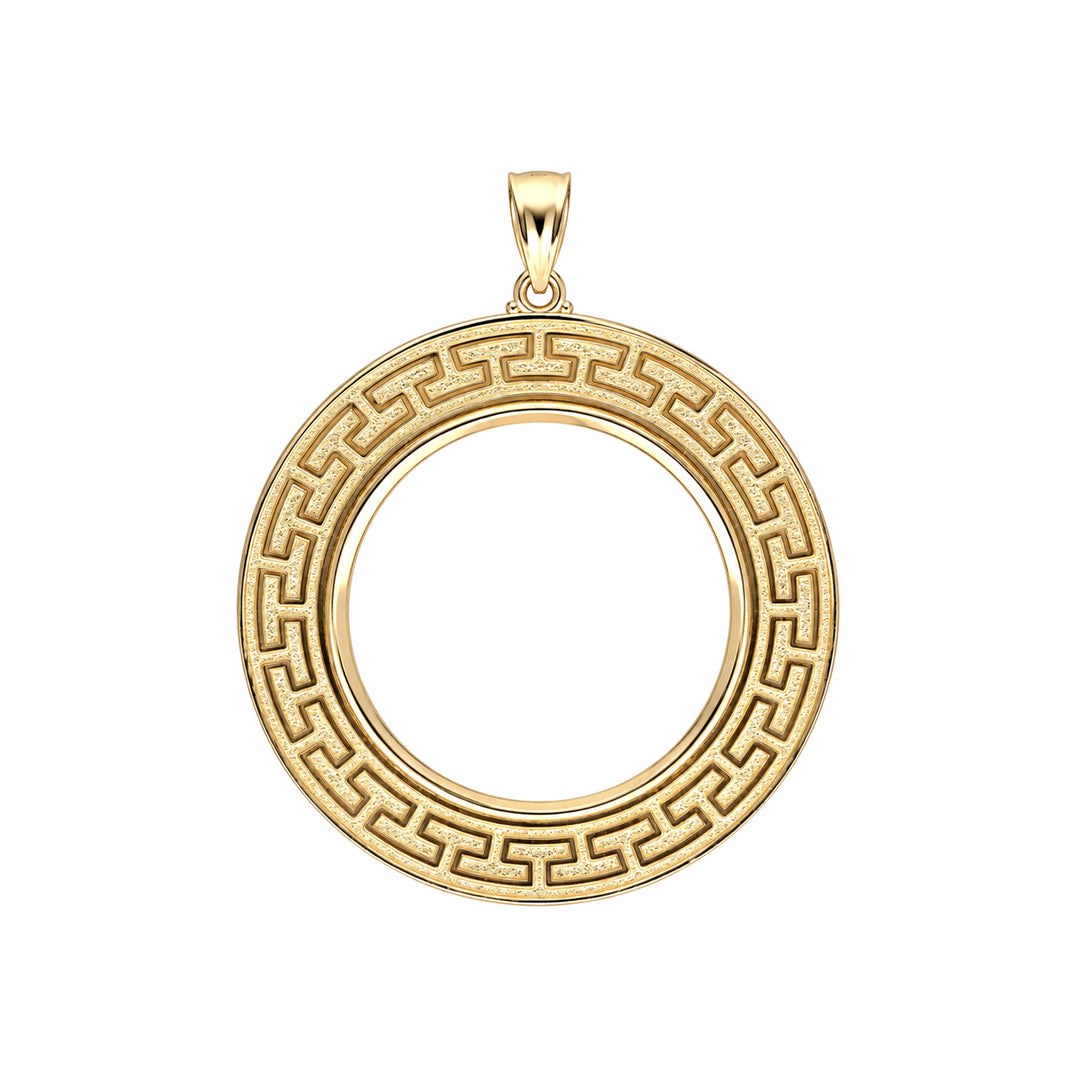 14K gold Greek key coin bezel, front view #size_uscjfg0013-30-x-2-9-mm