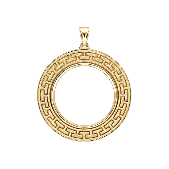 14K gold Greek key coin bezel, front view #size_uscjfg0013-30-x-2-9-mm