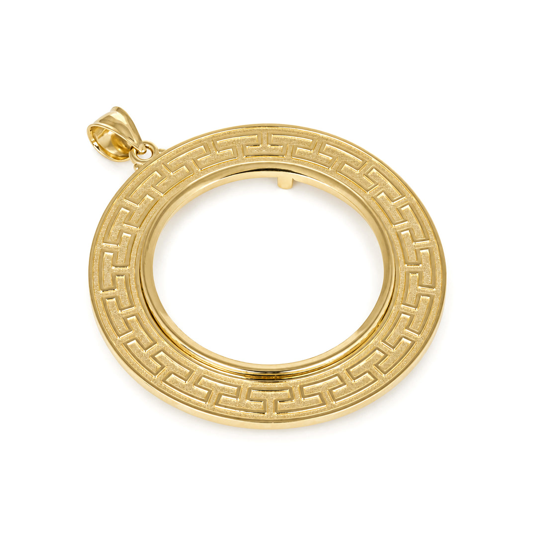 14K gold Greek key coin bezel, angle view 1 #size_uscjfg0013b-32-2-x-2-2-mm