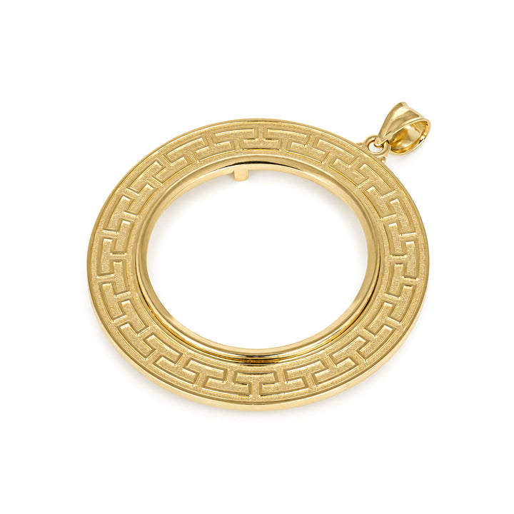 14K gold Greek key coin bezel, angle view 2 #size_uscjfg0013b-32-2-x-2-2-mm