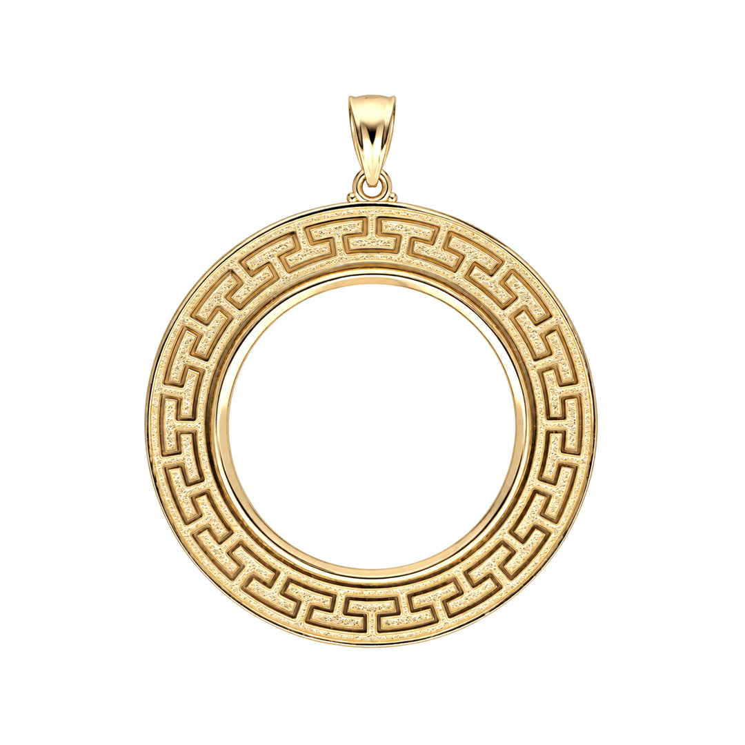 14K gold Greek key coin bezel, front view #size_uscjfg0013b-32-2-x-2-2-mm