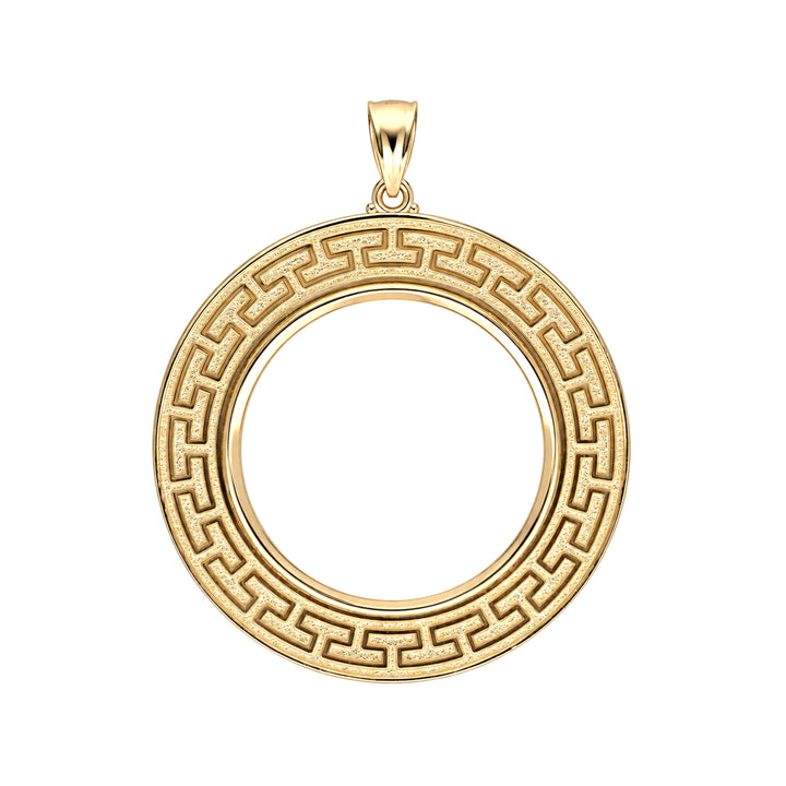 14K gold Greek key coin bezel, front view #size_uscjfg0013b-32-2-x-2-2-mm