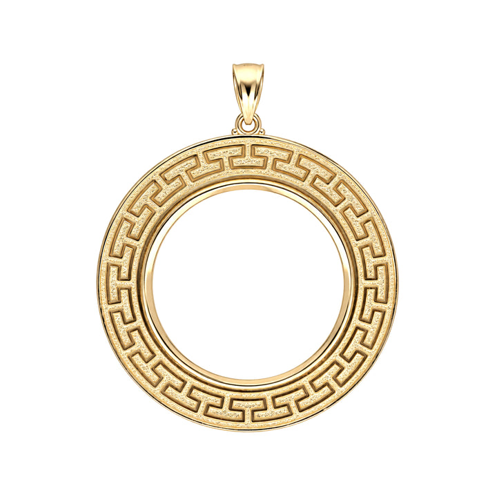 14K gold Greek key coin bezel, front view #size_uscjfg0014-32-6-x-2-8-mm