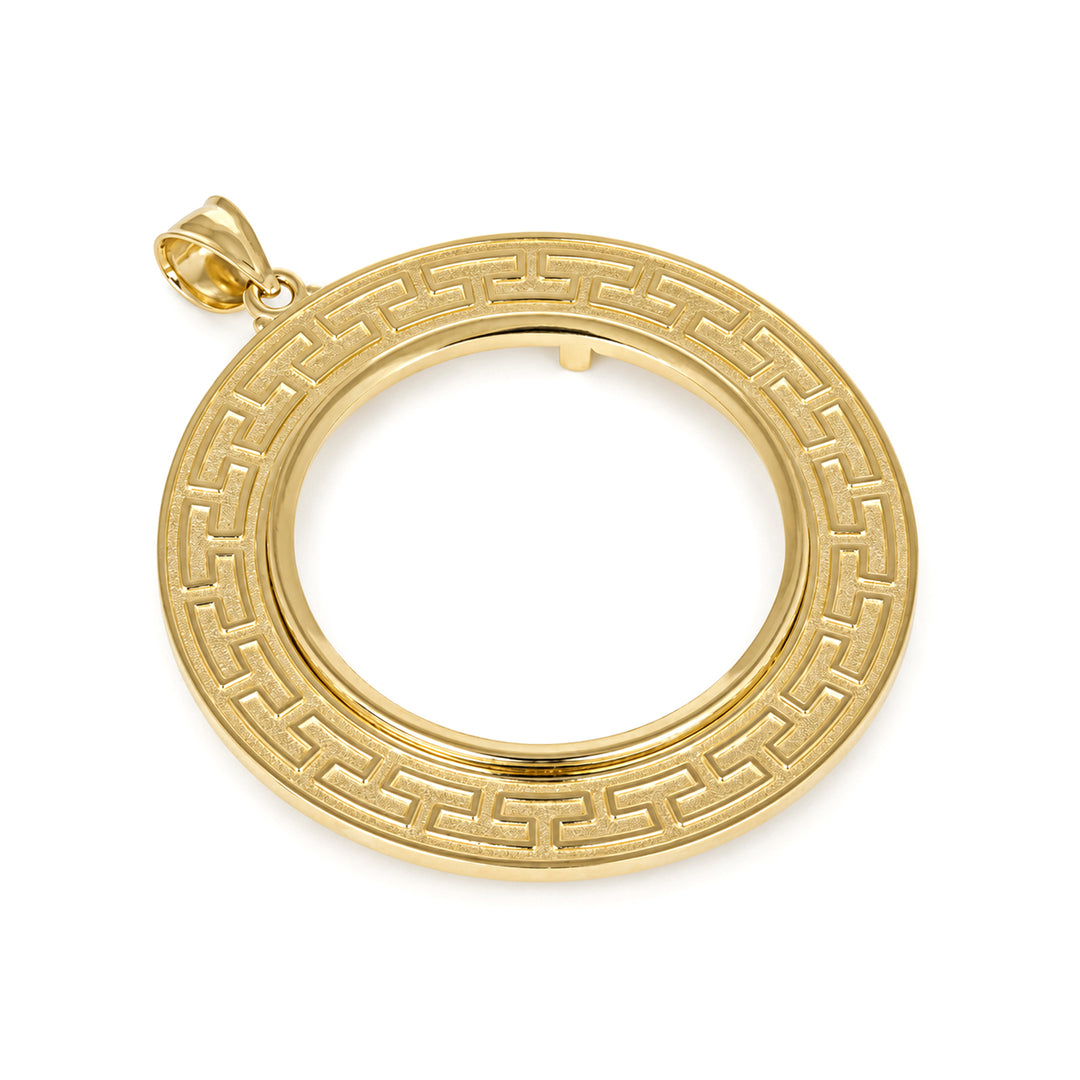 14K gold Greek key coin bezel, angle view 1 #size_uscjfg0015-34-2-x-2-8-mm