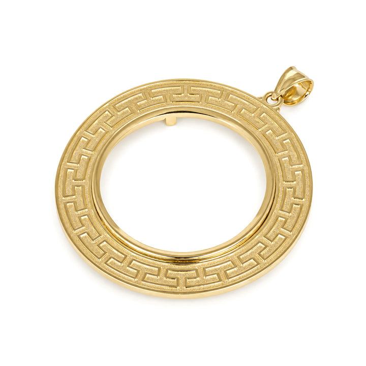 14K gold Greek key coin bezel, angle view 2 #size_uscjfg0015-34-2-x-2-8-mm