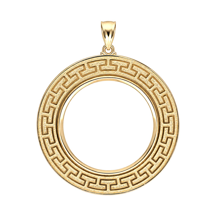 14K gold Greek key coin bezel, front view #size_uscjfg0015-34-2-x-2-8-mm