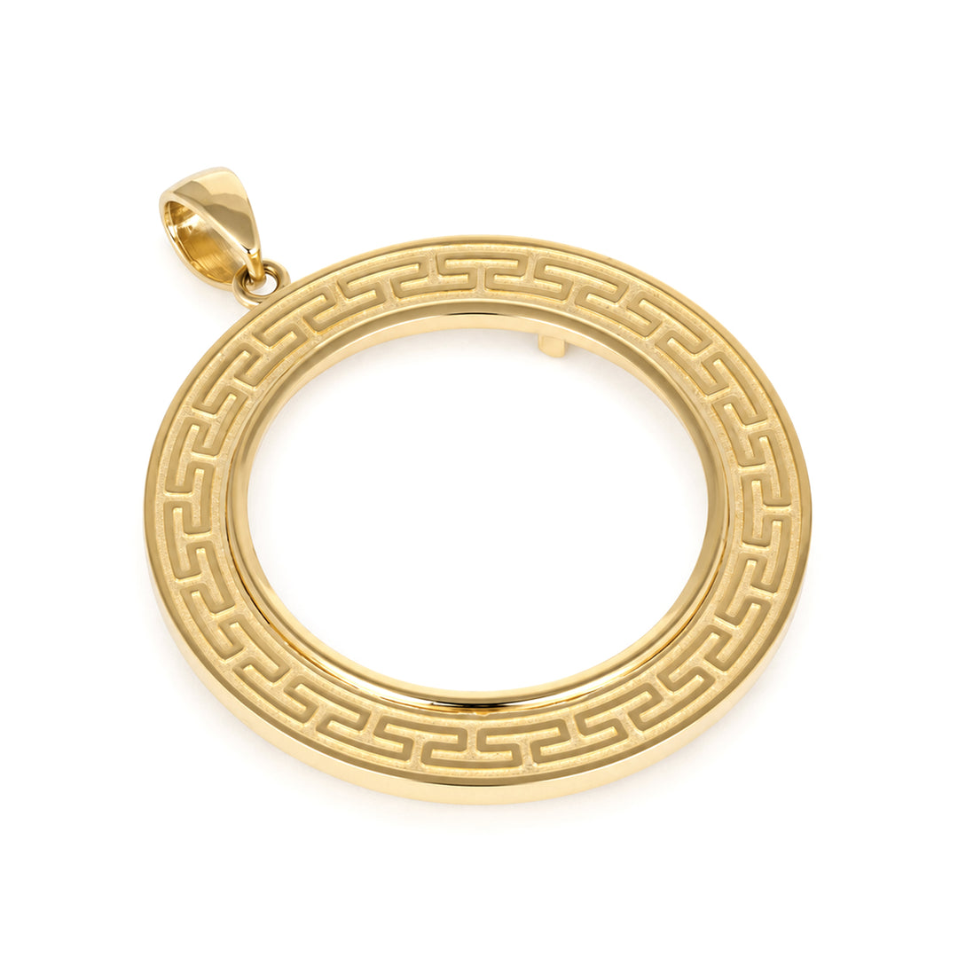 14K gold Greek key coin bezel, angle view 1 #size_uscjfg0016-37-0-x-2-8-mm