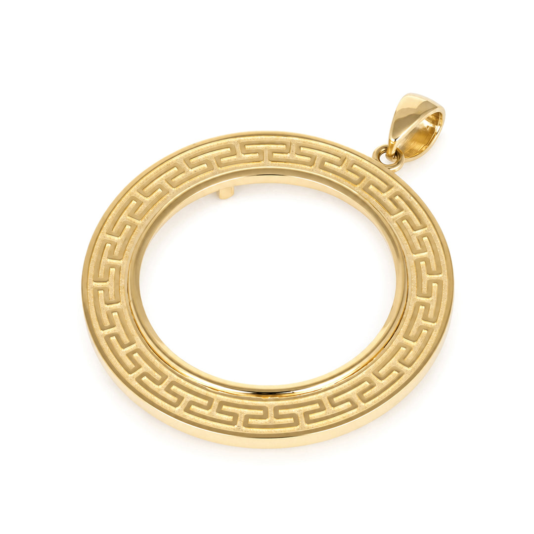 14K gold Greek key coin bezel, angle view 2 #size_uscjfg0016-37-0-x-2-8-mm