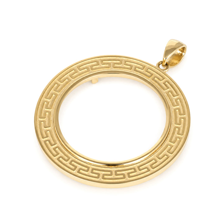 14K gold Greek key coin bezel, angle view 2 #size_uscjfg0016-37-0-x-2-8-mm