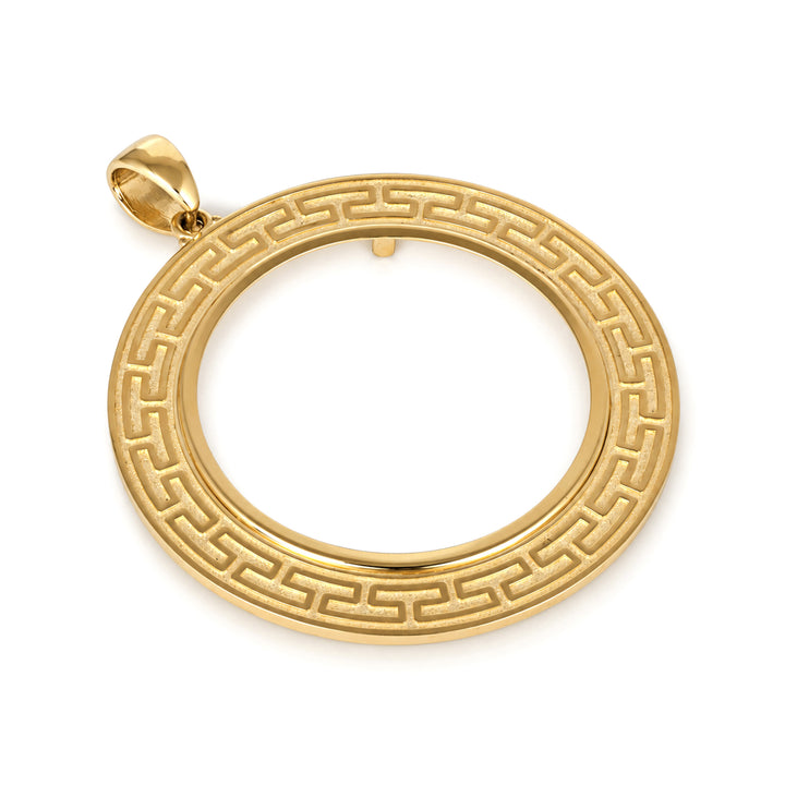 14K gold Greek key coin bezel, angle view 1 #size_uscjfg0016b-39-8-x-0-8-mm