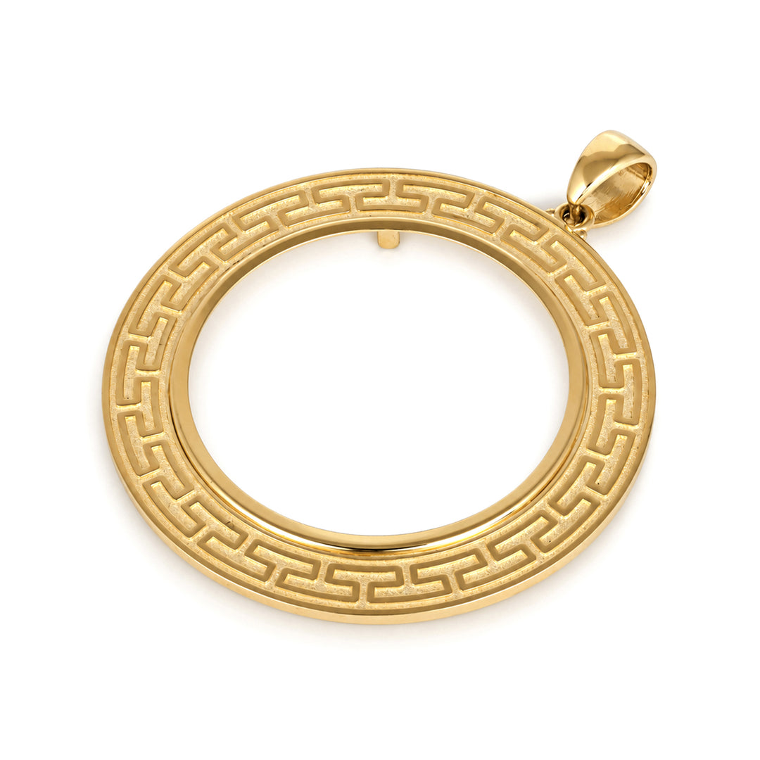 14K gold Greek key coin bezel, angle view 2 #size_uscjfg0016b-39-8-x-0-8-mm