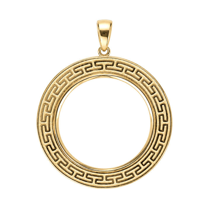 14K gold Greek key coin bezel, front view #size_uscjfg0016b-39-8-x-0-8-mm