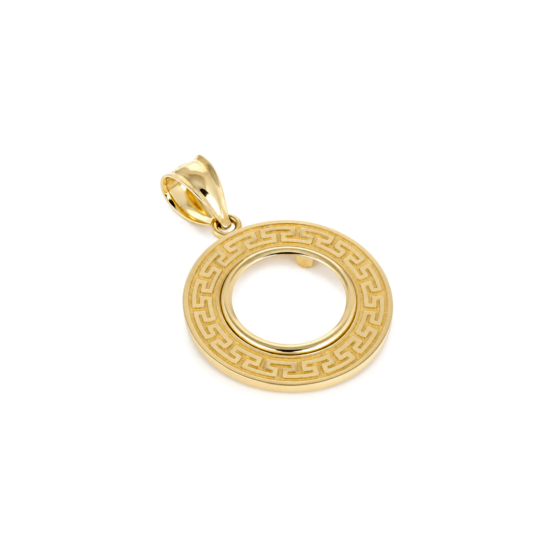 14K gold Greek key coin bezel, angle view 1 #size_uscjfg002-15-0-x-0-75-mm