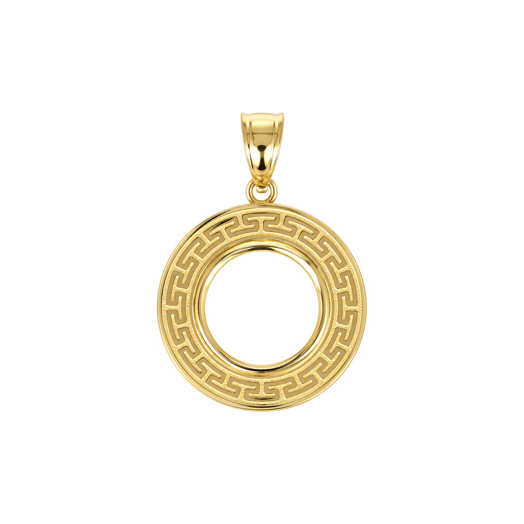 14K gold Greek key coin bezel, front view #size_uscjfg002-15-0-x-0-75-mm