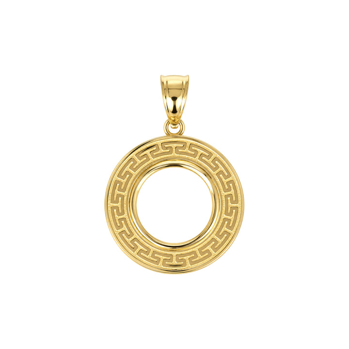 14K gold Greek key coin bezel, front view #size_uscjfg002-15-0-x-0-75-mm