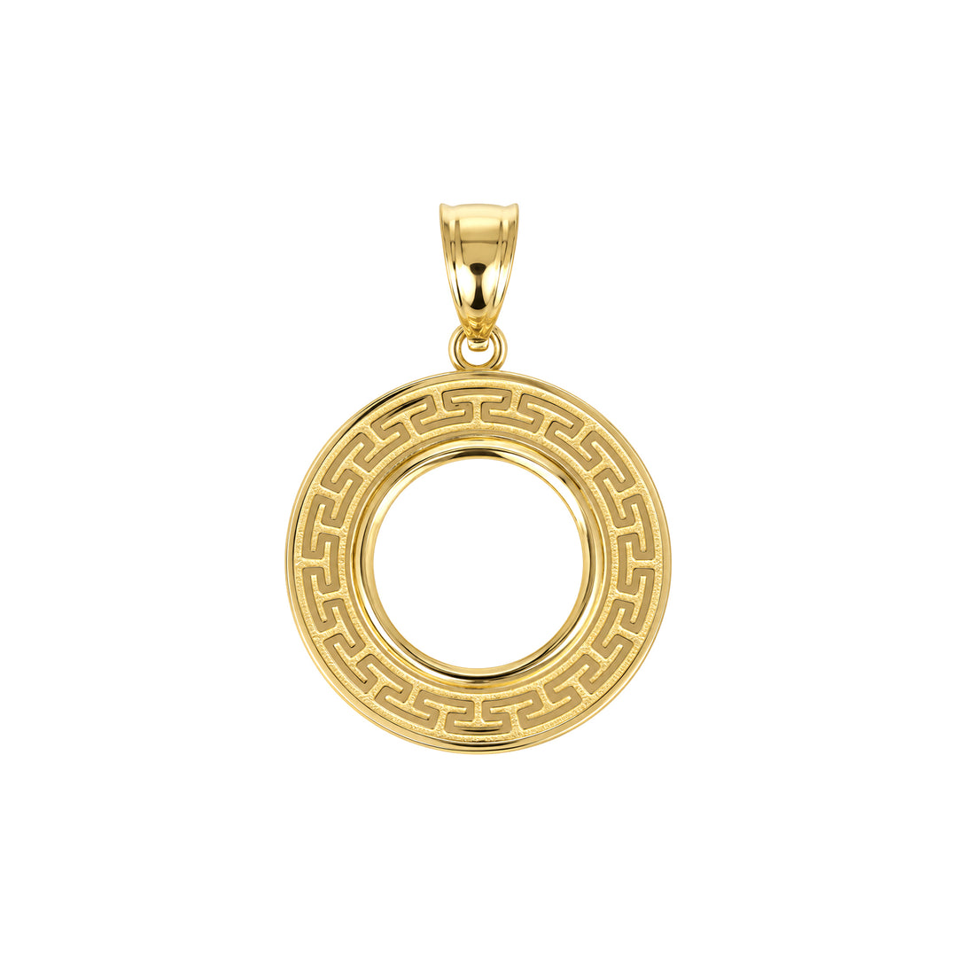 14K gold Greek key coin bezel, front view #size_uscjfg003-15-6-x-1-0-mm