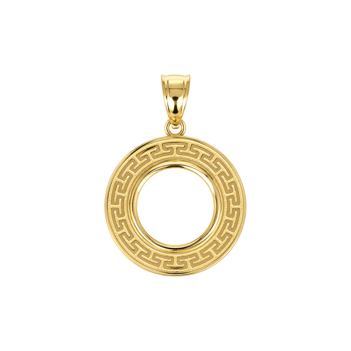 14K gold Greek key coin bezel, front view #size_uscjfg003-15-6-x-1-0-mm