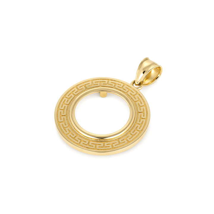 14K gold Greek key coin bezel, angle view 2 #size_uscjfg004-16-5-x-1-3-mm