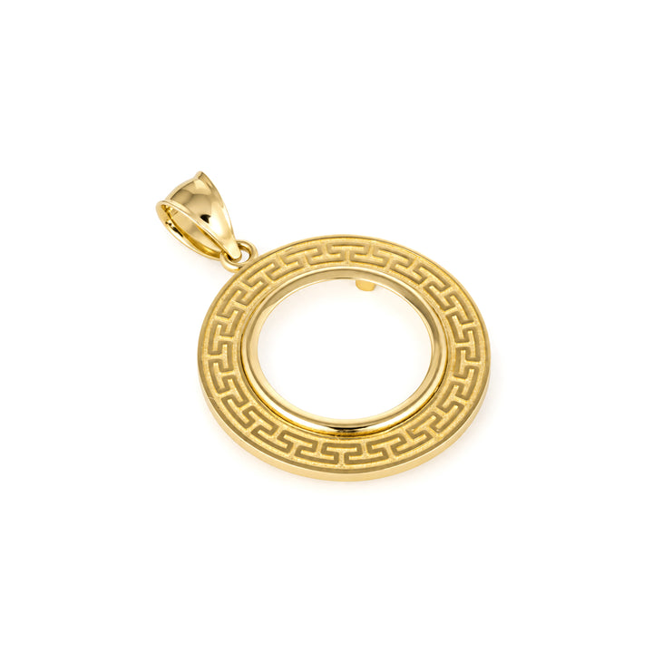 14K gold Greek key coin bezel, angle view 1 #size_uscjfg005-17-9-x-1-3-mm