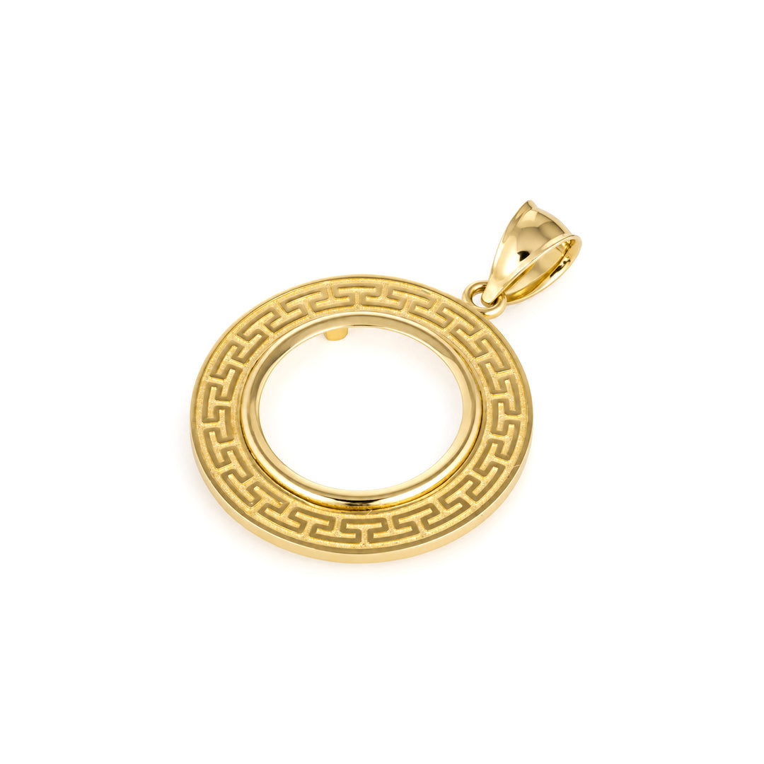 14K gold Greek key coin bezel, angle view 2 #size_uscjfg005-17-9-x-1-3-mm