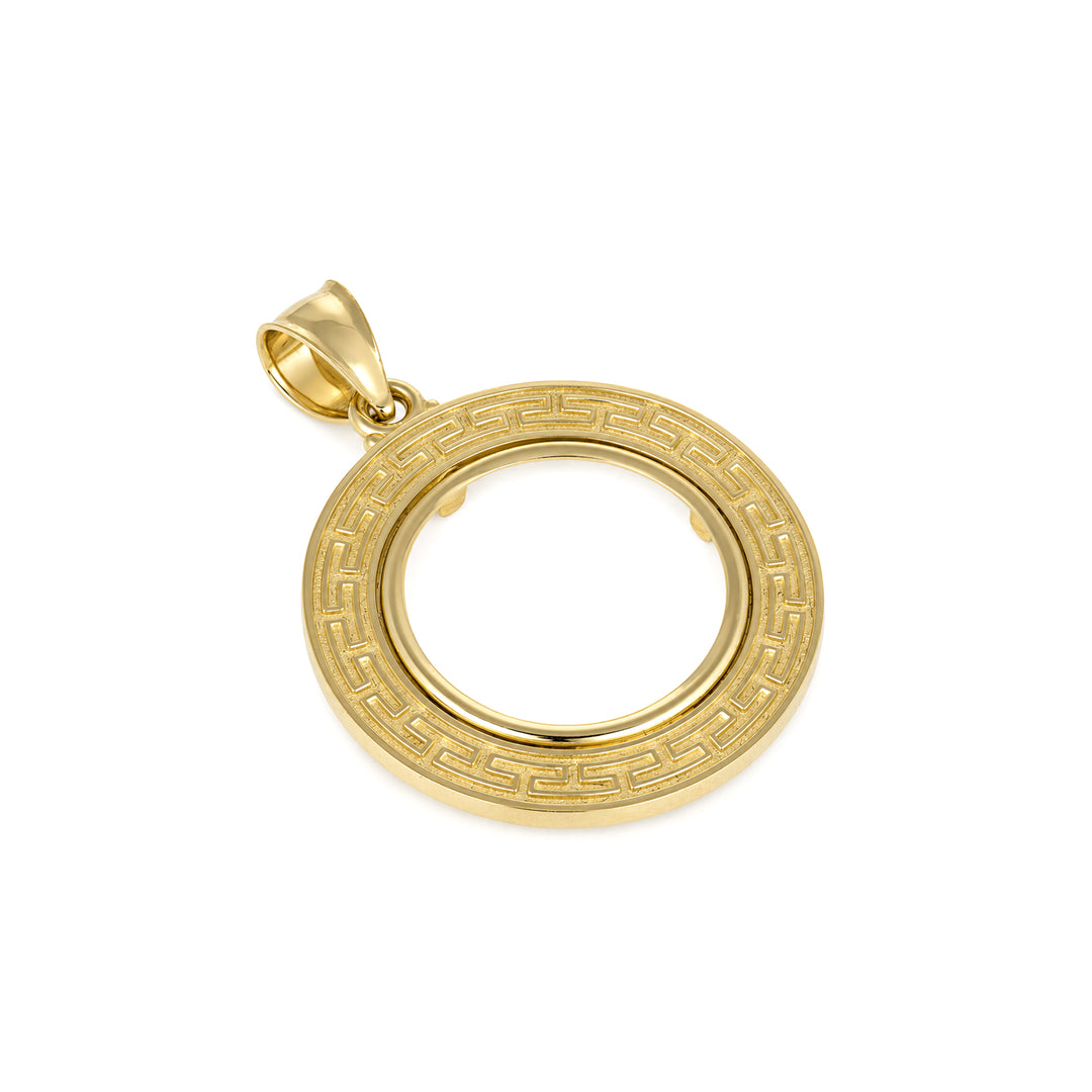 14K gold Greek key coin bezel, angle view 1 #size_uscjfg006-19-0-x-1-0-mm