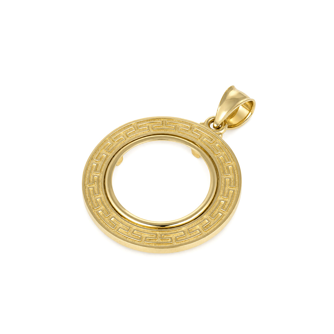 14K gold Greek key coin bezel, angle view 2 #size_uscjfg006b-20-x-1-7-mm