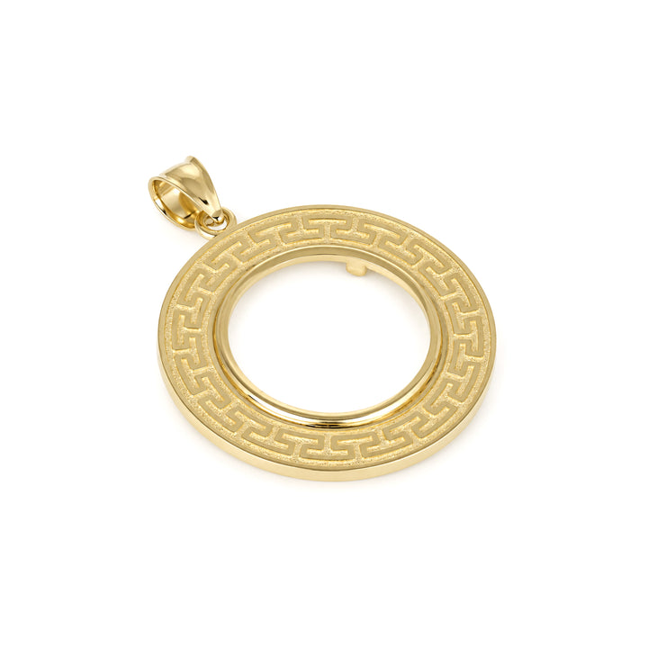 14K gold Greek key coin bezel, angle view 1 #size_uscjfg007-21-6-x-1-6-mm