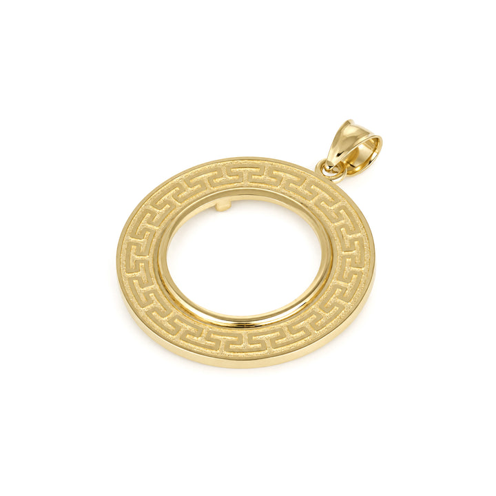 14K gold Greek key coin bezel, angle view 2 #size_uscjfg007-21-6-x-1-6-mm