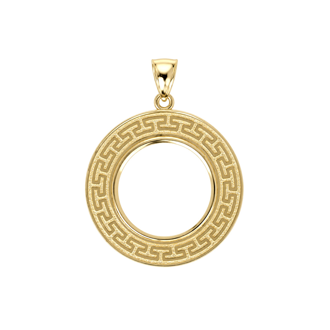 14K gold Greek key coin bezel, front view #size_uscjfg007-21-6-x-1-6-mm