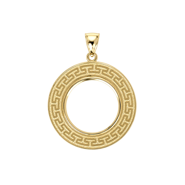 14K gold Greek key coin bezel, front view #size_uscjfg007-21-6-x-1-6-mm