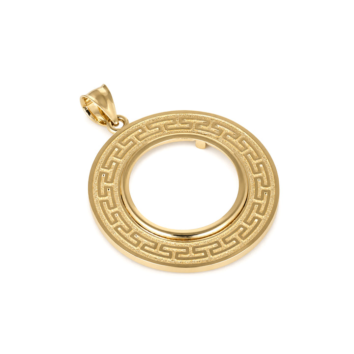 14K gold Greek key coin bezel, angle view 1 #size_uscjfg008-22-x-1-9-mm