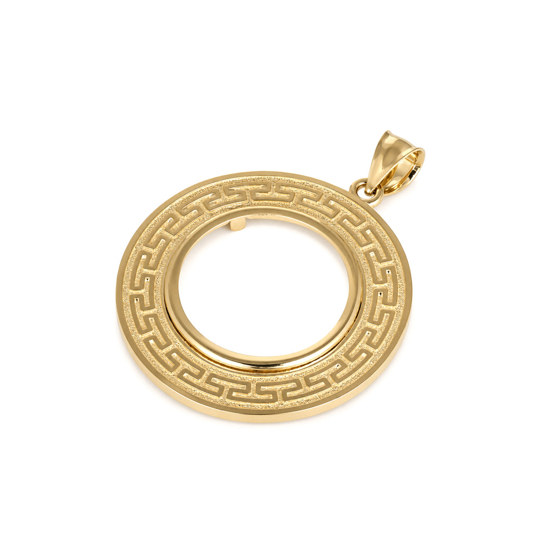 14K gold Greek key coin bezel, angle view 2 #size_uscjfg008-22-x-1-9-mm