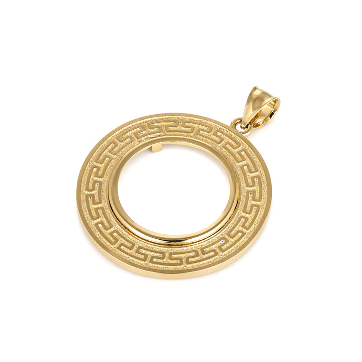 14K gold Greek key coin bezel, angle view 2 #size_uscjfg008-22-x-1-9-mm