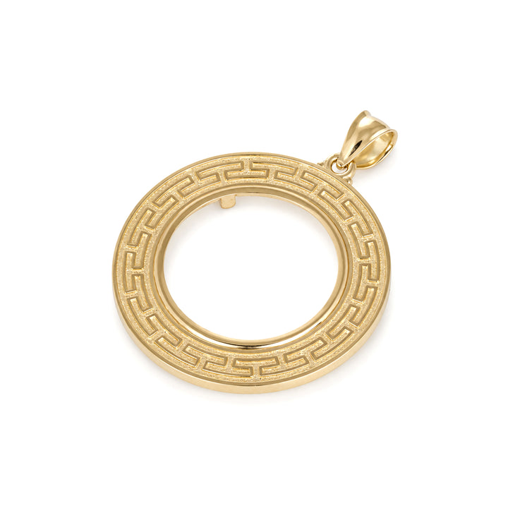 14K gold Greek key coin bezel, angle view 2 #size_uscjfg009-22-6-x-1-6-mm