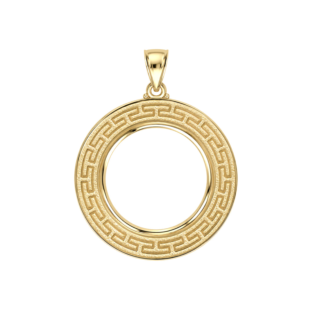 14K gold Greek key coin bezel, front view #size_uscjfg009-22-6-x-1-6-mm