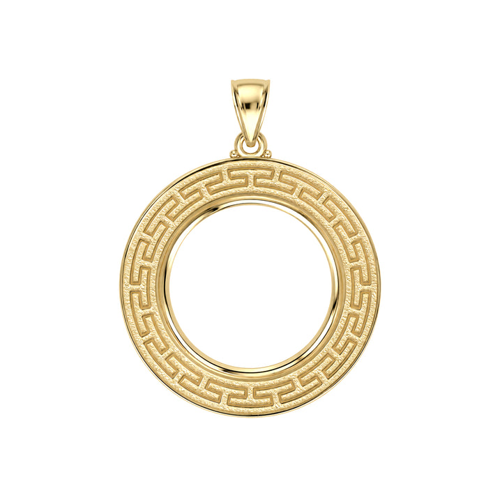 14K gold Greek key coin bezel, front view #size_uscjfg009-22-6-x-1-6-mm