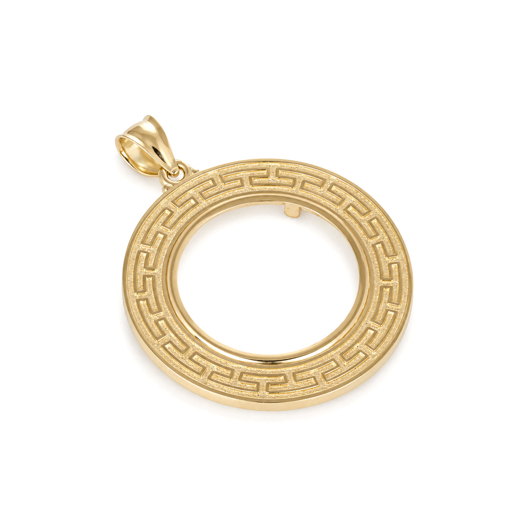 14K gold Greek key coin bezel, angle view 1 #size_uscjfg009b-25-2-x-2-4-mm