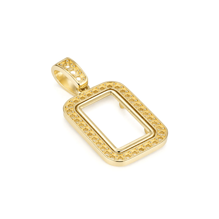 USCJSP001 14K yellow gold diamond-ready pave bar frame with bail, 1 gram size, angled view 1, without stones or gold bar #size_uscjsp001-15-3-x-8-8-mm-1-gram