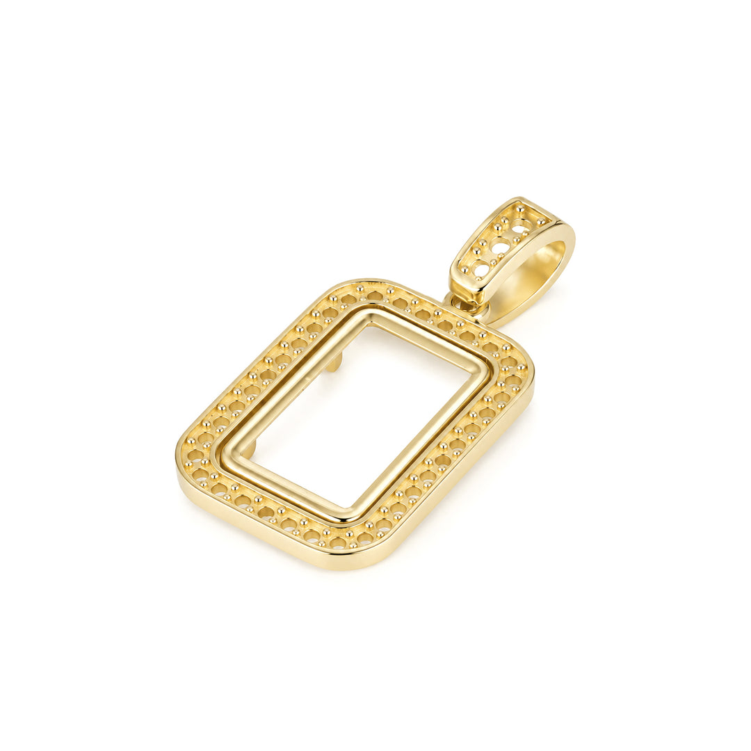 USCJSP001 14K yellow gold diamond-ready pave bar frame with bail, 1 gram size, angled view 2, without stones or gold bar #size_uscjsp001-15-3-x-8-8-mm-1-gram