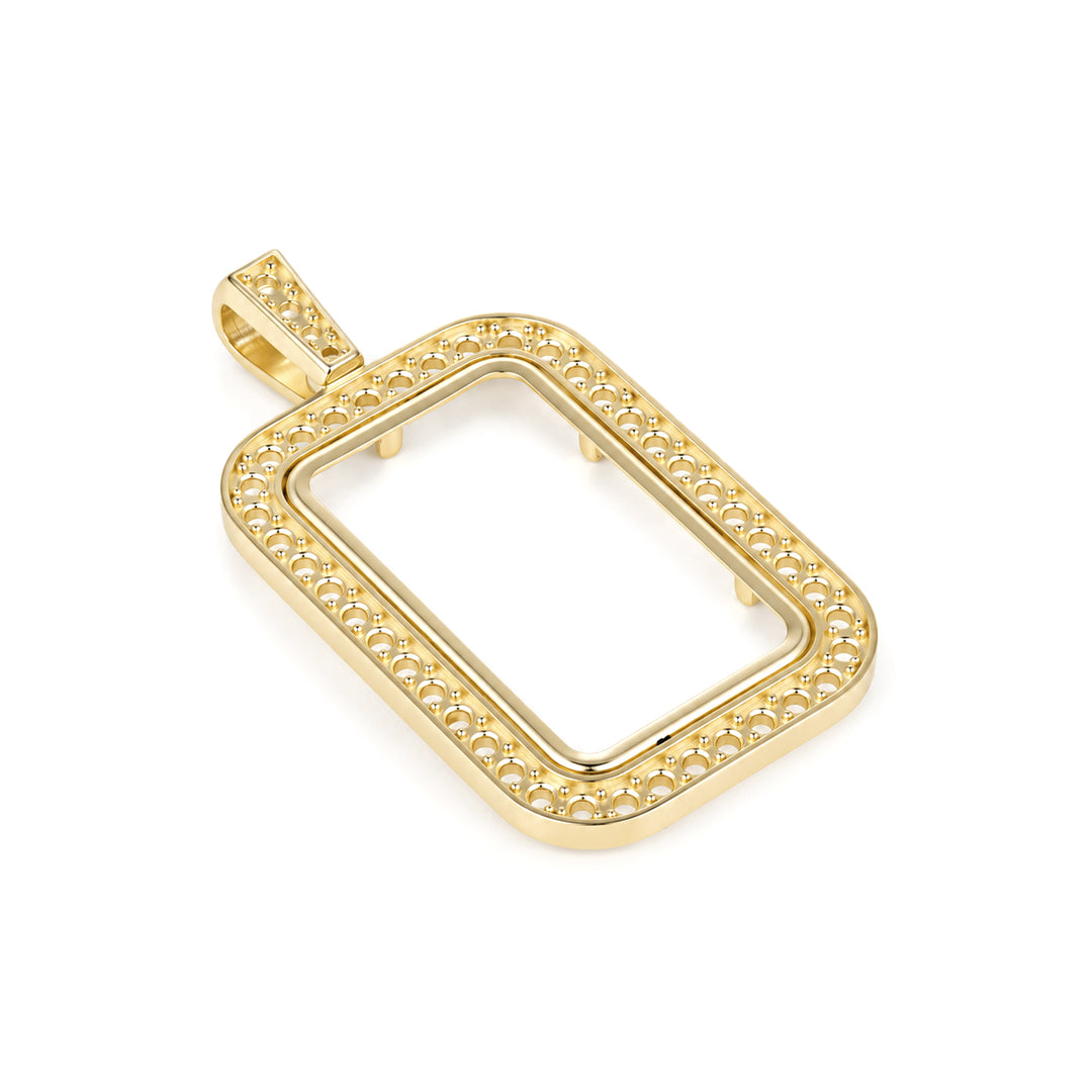 USCJSP005 14K yellow gold diamond-ready pave bar frame with bail, 10 gram size, angled view 2, without stones or gold bar #size_uscjsp005-26-8-x-16-mm-10-gr-1-4-ounce