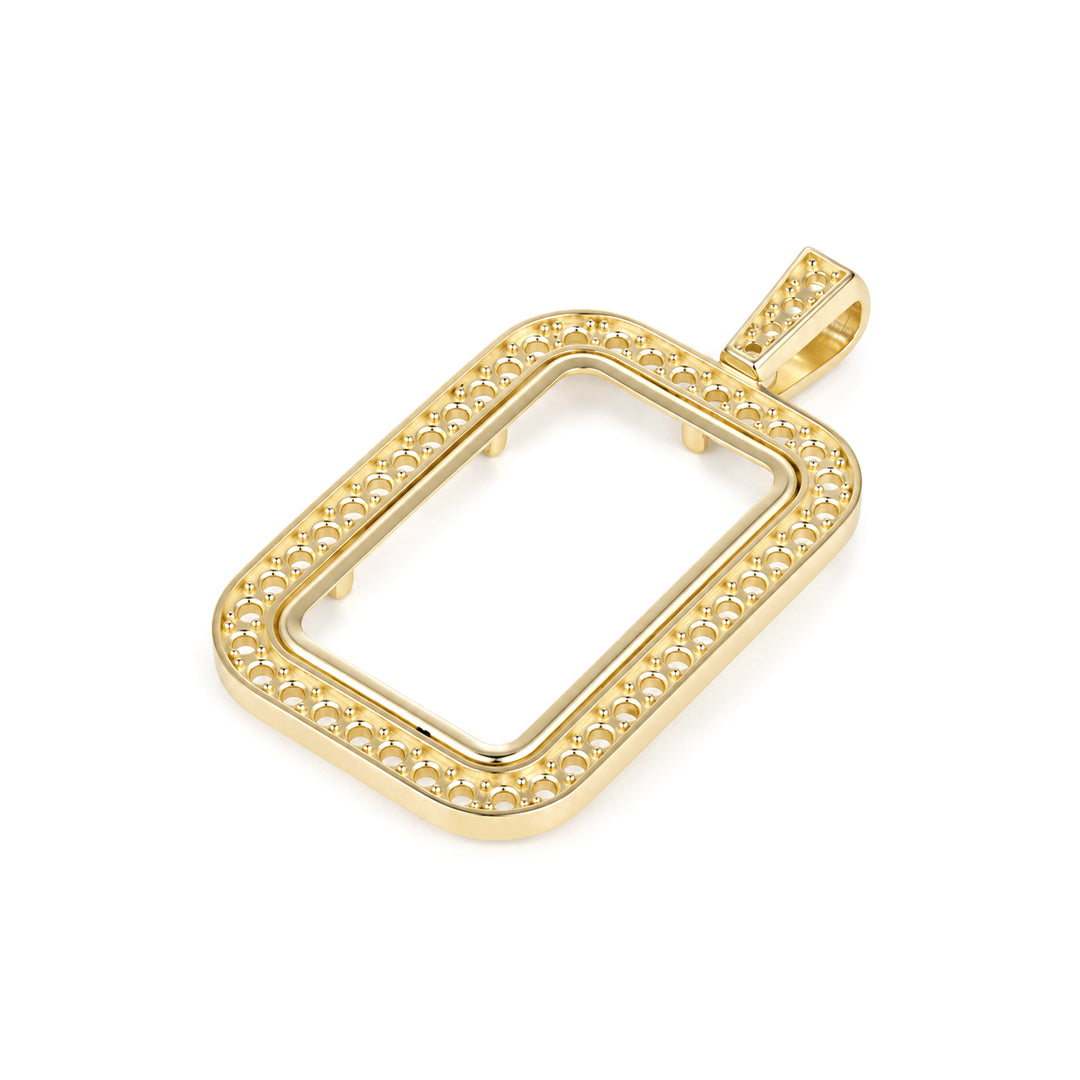 USCJSP005 14K yellow gold diamond-ready pave bar frame with bail, 10 gram size, angled view 2, without stones or gold bar #size_uscjsp005-26-8-x-16-mm-10-gr-1-4-ounce