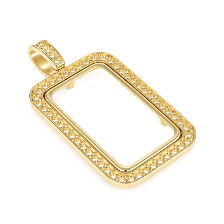 USCJSP007 14K yellow gold diamond-ready pave bar frame with bail, 20 gram size, angled view 1, without stones or gold bar #size_uscjsp007-31-4-x-18-4-mm-20-gr-1-2-ounce