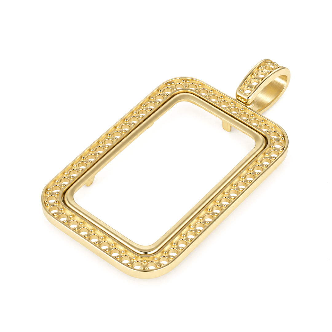 USCJSP007 14K yellow gold diamond-ready pave bar frame with bail, 20 gram size, angled view 2, without stones or gold bar #size_uscjsp007-31-4-x-18-4-mm-20-gr-1-2-ounce