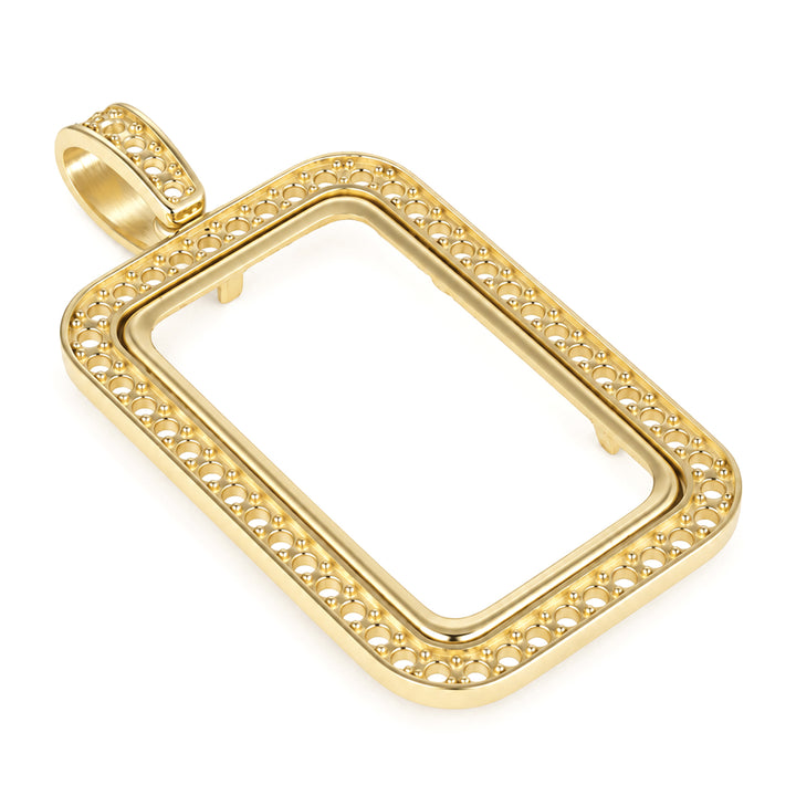 USCJSP008 14K yellow gold diamond-ready pave bar frame with bail, 1 troy ounce size, angled view 1, without stones or gold bar #size_uscjsp008-41-5-x-24-3-mm-1-ounce