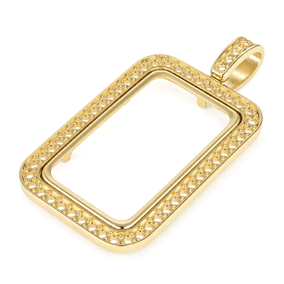 USCJSP008 14K yellow gold diamond-ready pave bar frame with bail, 1 troy ounce size, angled view 2, without stones or gold bar #size_uscjsp008-41-5-x-24-3-mm-1-ounce