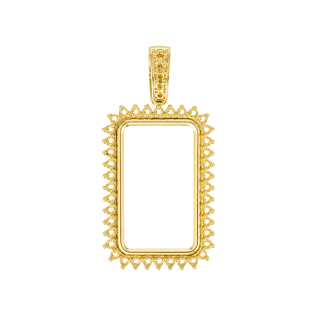 USCJSPN005 | 10 Gram 14K yellow gold prong mounting bar frame for Credit Suisse and PAMP, ready for professional natural or lab-grown diamond and colored gemstone setting, unset, view 1 | US Certified Jewelry #size_uscjspn005-26-8-x-16-mm-10-gr-1-4-ounce