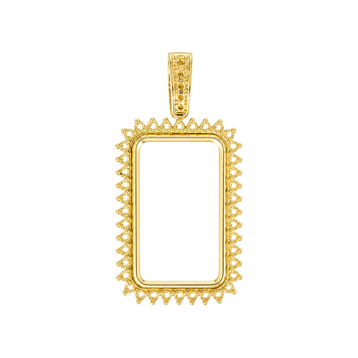 USCJSPN005 | 10 Gram 14K yellow gold prong mounting bar frame for Credit Suisse and PAMP, ready for professional natural or lab-grown diamond and colored gemstone setting, unset, view 1 | US Certified Jewelry #size_uscjspn005-26-8-x-16-mm-10-gr-1-4-ounce